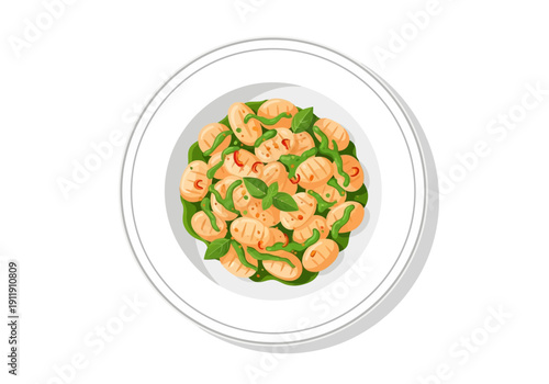 Delicious Gnocchi with Pesto and Basil on a White Plate - Vector Illustration