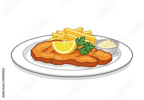 A delicious fried fish fillet with crispy french fries, a lemon slice, and creamy dipping sauce served on a white plate