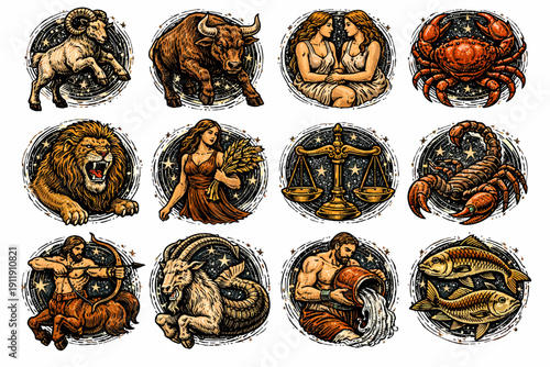 Full Set of 12 Zodiac Signs Illustrations in Vintage Engraving Style. Complete Astrology Horoscope Symbols Collection: Aries to Pisces.