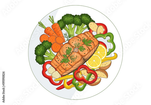 Healthy Grilled Salmon Fillet with Assorted Vegetables and Lemon Slices