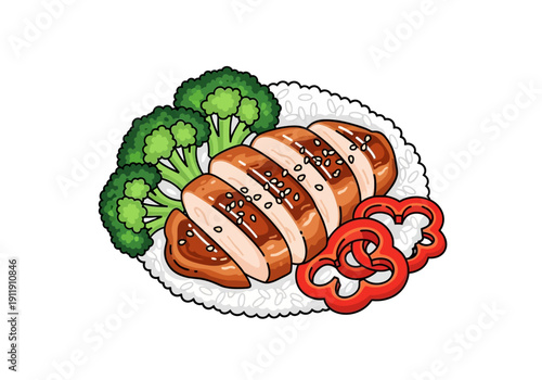 Healthy chicken breast with rice and vegetables, a nutritious meal with bell peppers and broccoli