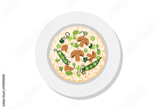 A delightful illustration of mushroom and pea risotto served on a white plate, showcasing a classic Italian dish