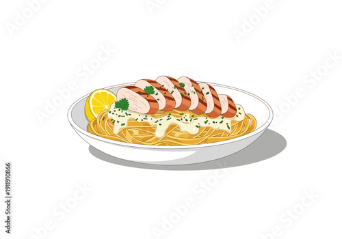 Delicious chicken pasta with creamy sauce and a lemon wedge, a culinary delight served in a white bowl