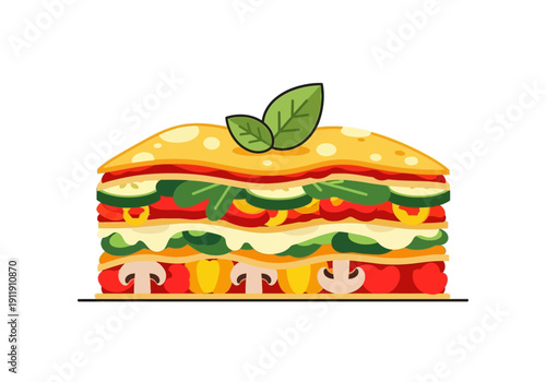 Delicious Lasagna Dish with Fresh Vegetables and Basil Topping, Italian Cuisine Illustration