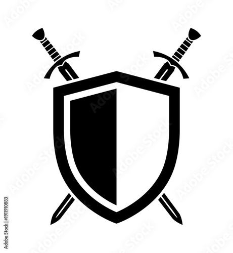 classic medieval european twin crossed swords with shield armor heraldry black silhouette symbol vector isolated on transparent background