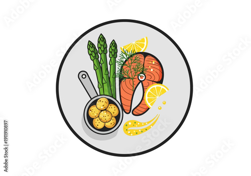 Delicious salmon steak with asparagus and potato balls, garnished with lemon and dill