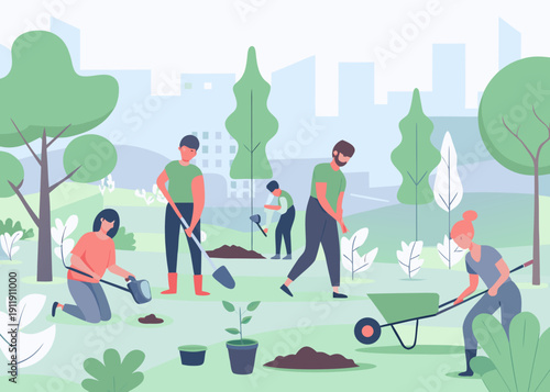 Community volunteers plant trees in a city park for environmental sustainability