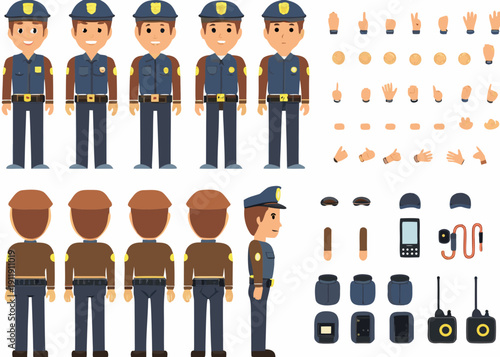 Cartoon police officers and associated elements in a character design sheet