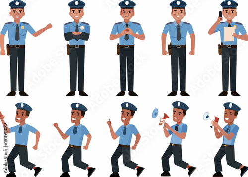 Diverse police officers in various poses and actions cartoon style