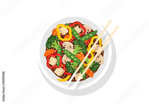Delicious and healthy vegetable stir-fry served with chopsticks, a vibrant and nutritious meal