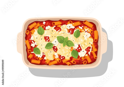 Delicious baked pasta dish with tomato sauce, cheese, and fresh basil, served in a casserole dish, top view
