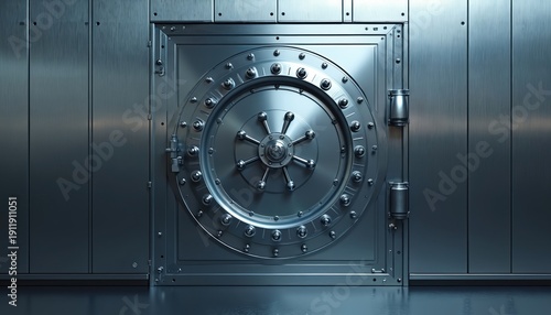 Heavy steel vault door with circular wheel mechanism. This secure bank stronghold protects valuables with its strong metal, locking system. Safe repository for cash.