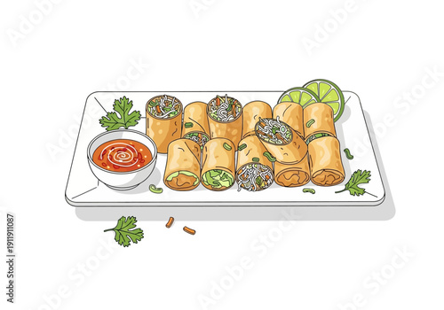 Spring Rolls and Dipping Sauce - Delicious Appetizer Illustration