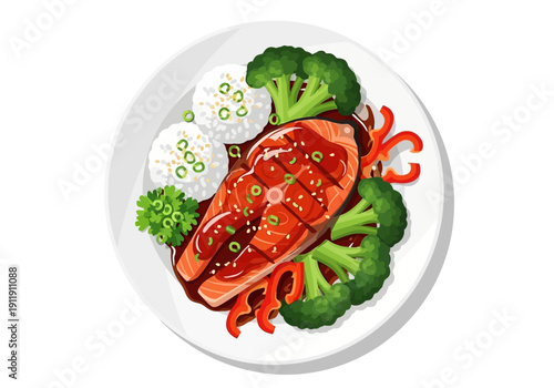 Delicious salmon fillet with rice and broccoli served on a white plate, a healthy and balanced meal