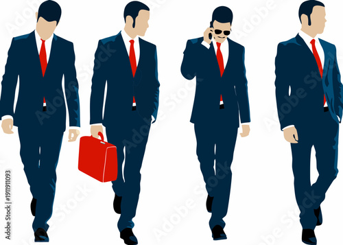 Four stylized businessmen walking showcasing different poses and accessories