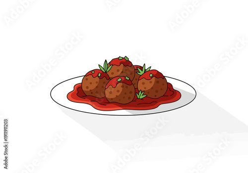Delicious plate of homemade meatballs covered in rich tomato sauce and fresh basil toppings