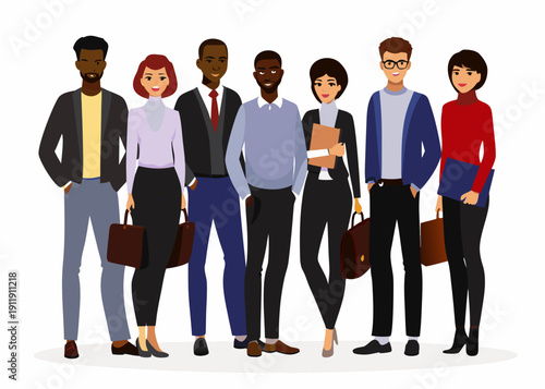 Diverse group of business professionals standing together in a line