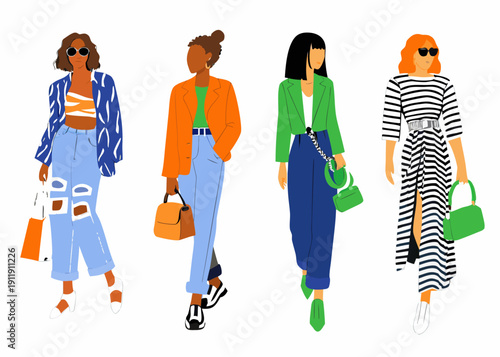 Four fashionable women walking showcasing diverse styles and colorful outfits