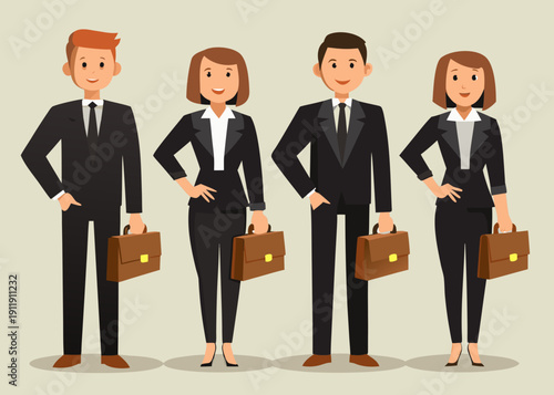 Four business professionals in suits stand in a row smiling