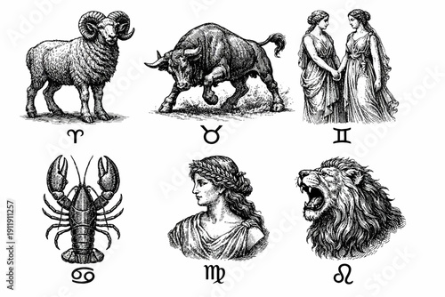 Vintage Engraving Set of Six Zodiac Signs: Aries, Taurus, Gemini, Cancer, Leo, Virgo with Symbols