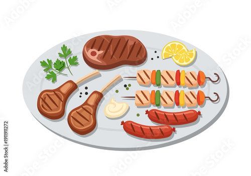 A delicious grilled meal with steak, lamb chops, sausages, and skewers on a plate with lemon and sauce