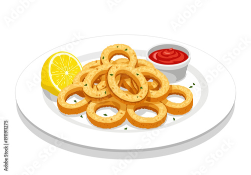 Crispy golden calamari rings served on a white plate with a lemon wedge and a side of tomato dipping sauce