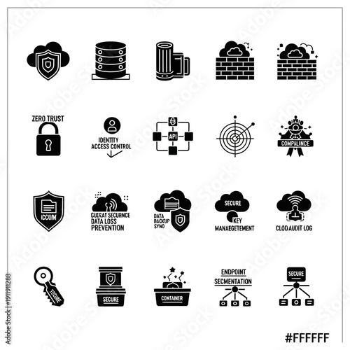 Collection of black and white icons representing cybersecurity concepts and data protection.