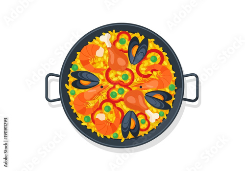 Authentic Spanish Paella Seafood and Chicken Dish with Rice and Vegetables Overhead View