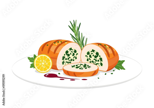 Deliciously stuffed chicken breast presented with lemon, herbs, and a berry reduction, perfect for a gourmet meal