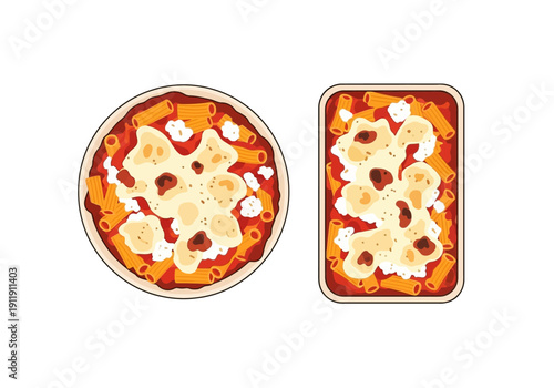 Top view of a round and rectangular casserole dish with baked pasta and melted cheese
