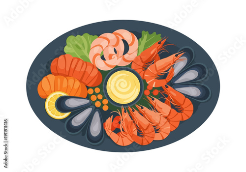 Seafood platter featuring shrimp, mussels, salmon, and dipping sauce, a gourmet appetizer