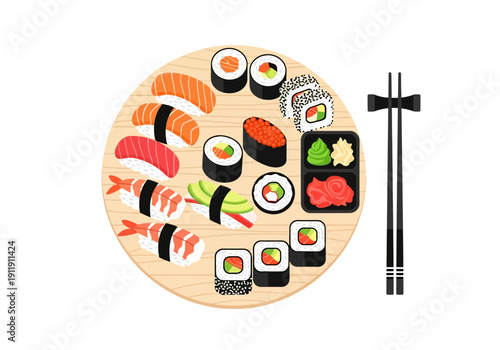 A delicious assortment of sushi and sashimi served on a round wooden platter with chopsticks