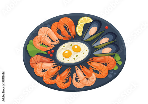 Delicious plate of fresh shrimp and mussels served with fried eggs and lemon slices, a vibrant seafood platter