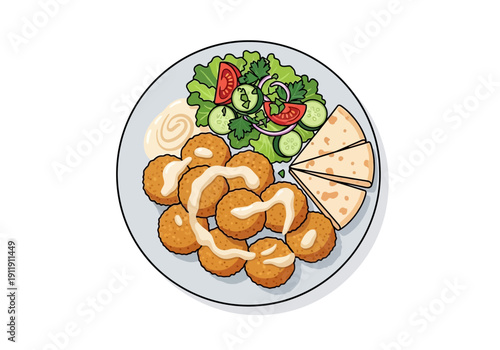 Delicious plate of falafel with pita bread and fresh salad, a classic Mediterranean dish
