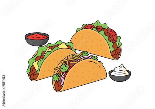 Three delicious tacos with a side of salsa and sour cream, perfect for a Mexican food feast