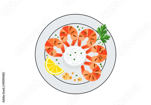 Delicious grilled shrimp and rice served on a plate with lemon and parsley garnish, top view illustration