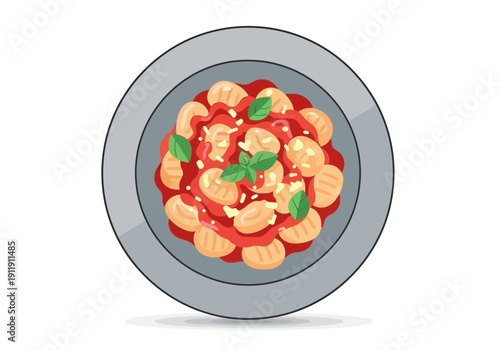 Delicious Gnocchi with Tomato Sauce and Basil Topped with Parmesan Cheese, Served on a Grey Plate