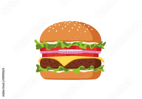 A delicious and juicy hamburger with fresh lettuce, tomato, onion, and cheese on a sesame seed bun
