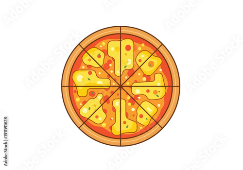 Deliciously sliced cheese pizza with a golden crust, presented from a top-down perspective, inviting and appetizing