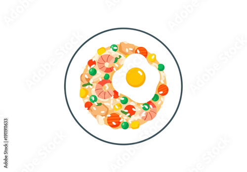 Delicious fried rice dish with fried egg on top, a visually appealing representation of Asian cuisine