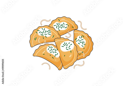 Delicious Pierogi dish with sour cream and chives, a classic comfort food from Eastern Europe, perfect for any meal