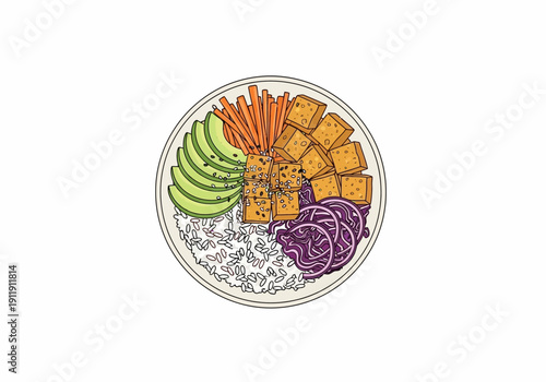 Healthy Bowl with Rice, Tofu, Avocado, Carrots, and Red Cabbage - Delicious and Nutritious Meal