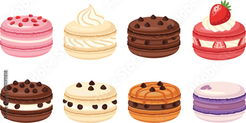 Macaron dessert collection set. Colorful French macarons with chocolate chips, cream and strawberry filling. Sweet bakery pastry illustrations isolated for cafe menu design.