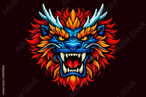 Intense Blue and Red Dragon Head Illustration. Vibrant Chinese Mythological Beast Mascot Roaring with Sharp Fangs. Graphic Vector Style.