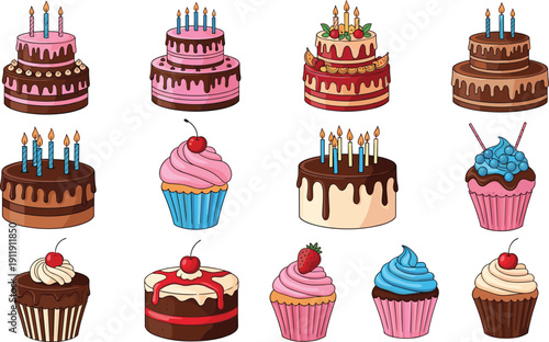 Birthday cake and cupcake collection set. Chocolate layered cakes with candles and colorful frosting muffins. Sweet celebration dessert illustrations isolated for party design.