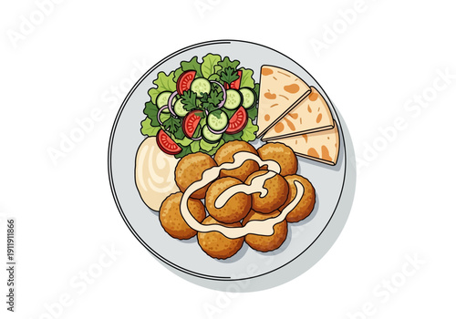 Delicious Falafel Platter with Salad, Pita Bread, and Tahini Sauce - A Flavorful Middle Eastern Dish