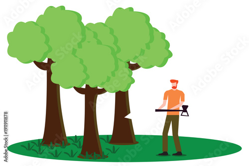 Hardworking Lumberjacks Felling Trees. Detailed Forest Illustration.