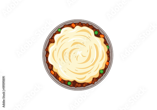 Top view of a delicious shepherd's pie with a golden mashed potato topping, ready to be served
