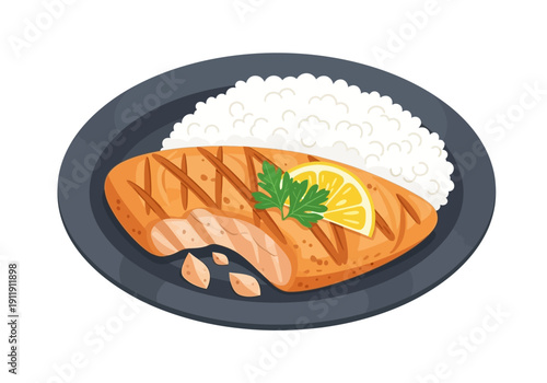 Grilled salmon fillet with rice and lemon slice served on a black plate, healthy meal illustration