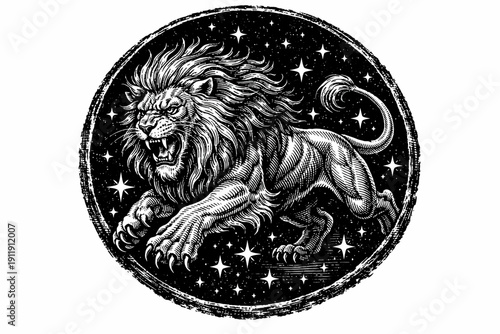 Roaring Lion Vintage Engraving Icon - Black and White Zodiac Sign Leo Against Starry Night Sky